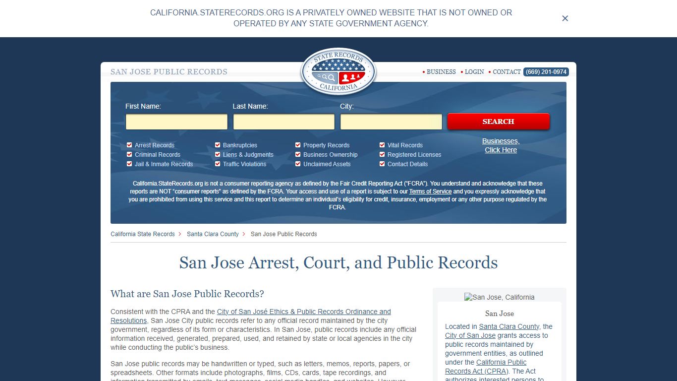 San Jose Arrest and Public Records | California.StateRecords.org